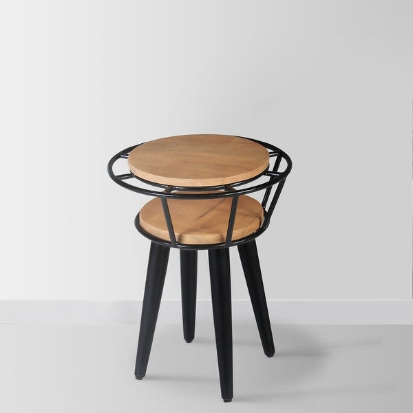 Industrial End Table with 2 Tier Round Wooden Shelving and Metal Frame， White Oak and Black