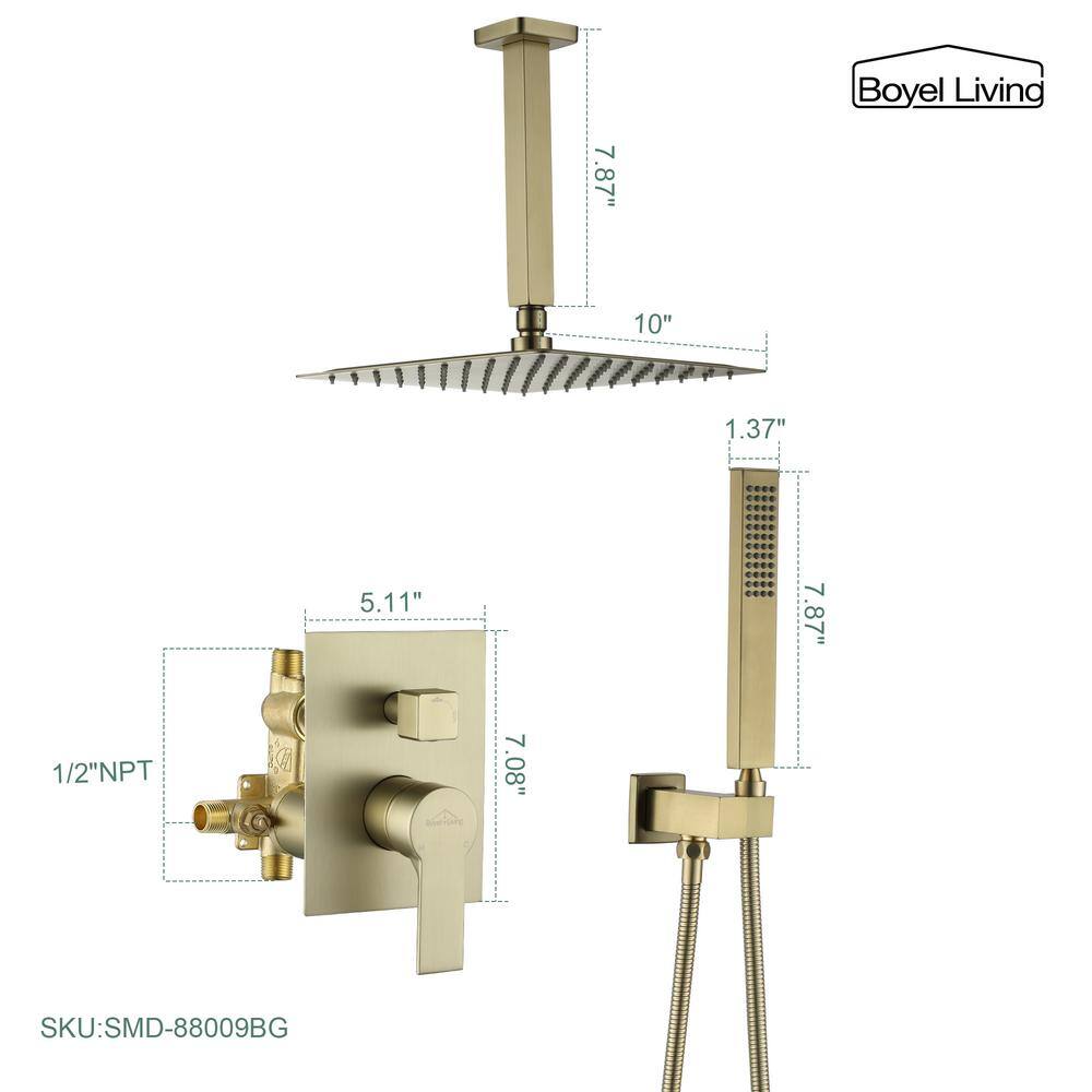 Boyel Living 1-Spray Patterns with 2.66 GPM 10 in. Ceiling Mount Dual Shower Heads with Rough-In Valve Body and Trim in Brushed Gold SMD-88009BG