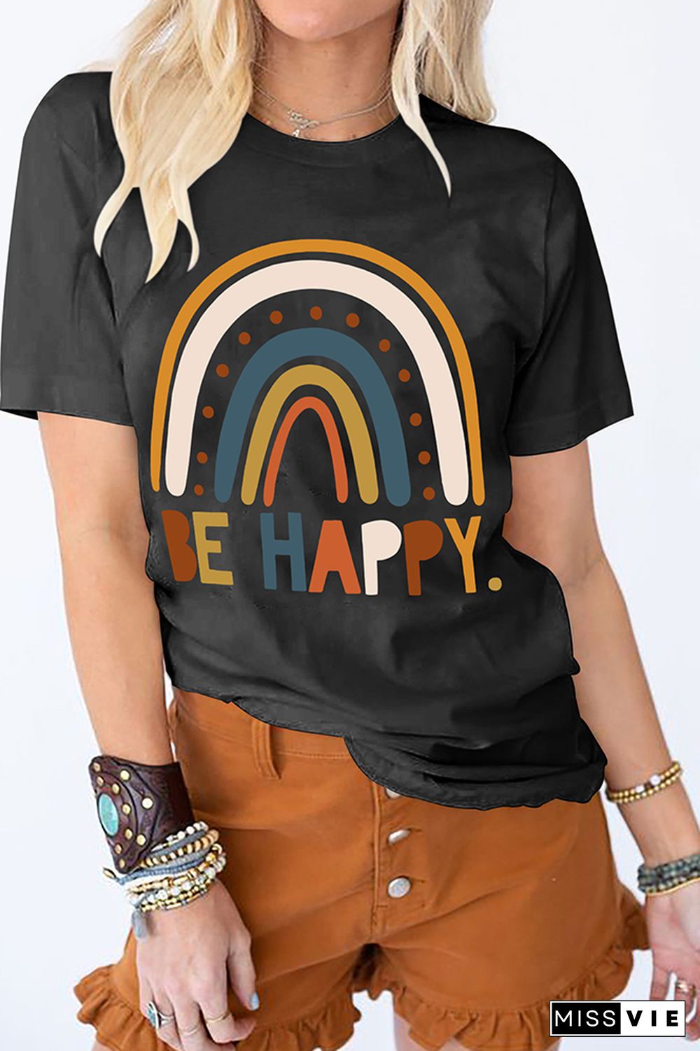 Be Happy Print Graphic Tees for Women Wholesale Short Sleeve T shirts Top