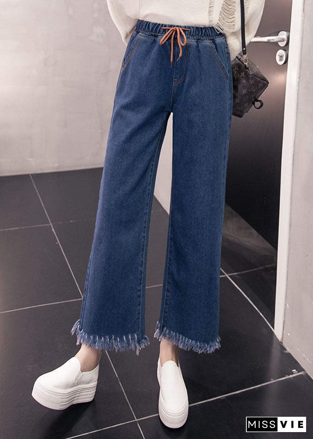 Loose Denim Blue Elastic Waist Drawstring Tassel Pockets Cotton Wide Leg Pants Summer