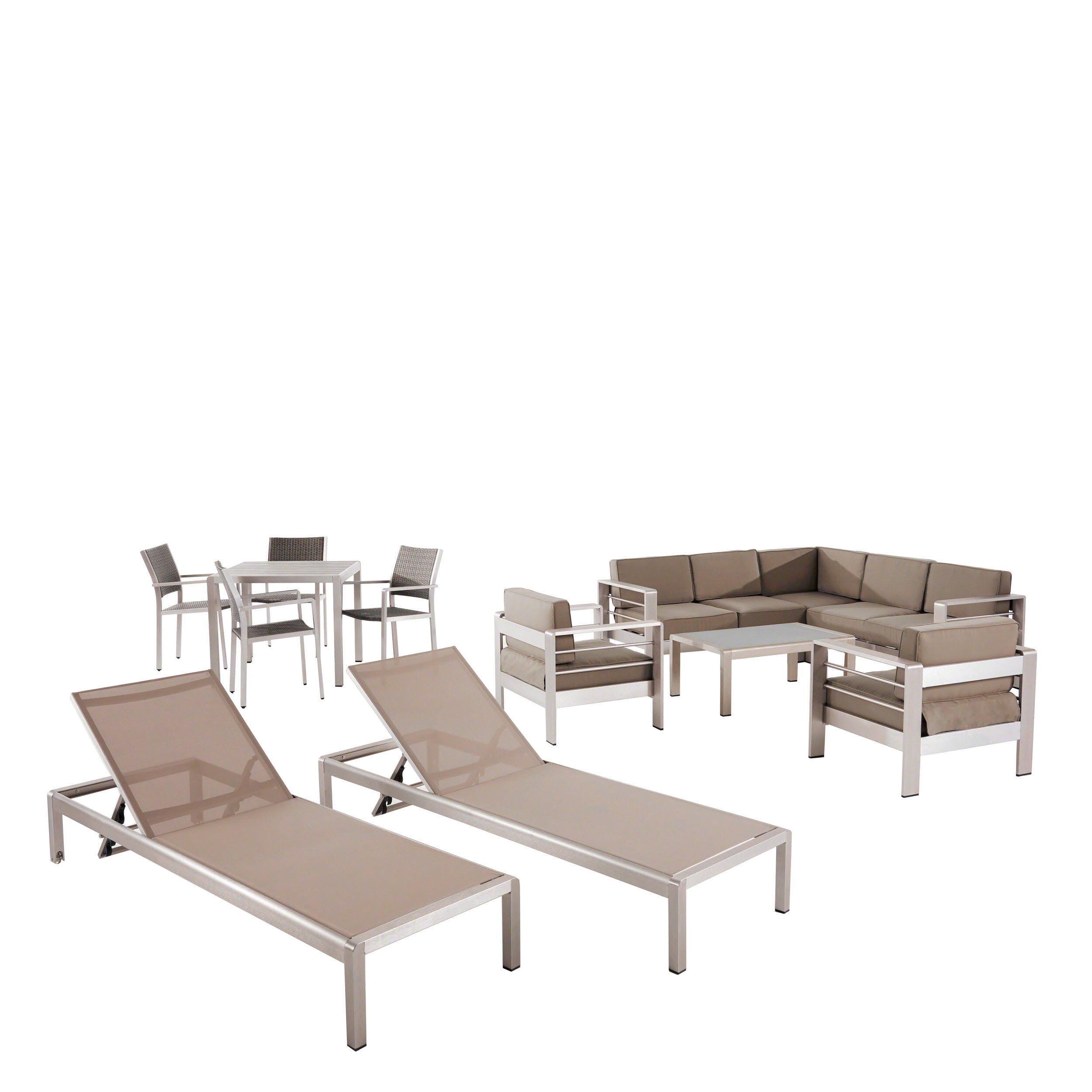 Crested Bay Outdoor Estate Collection - 4-Seat Dining Set, 3-Piece Sectional Sofa Set, 2 Club Chairs, 2 Chaise Lounges, Coffee Table - Aluminum - Faux Wood Table Top - Silver, Gray, Khaki