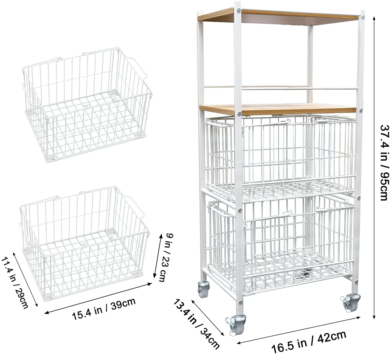 Kitchen Shelves Storage Basket for Organizing Rolling Utility Cart Pantry Unit with Wheels White