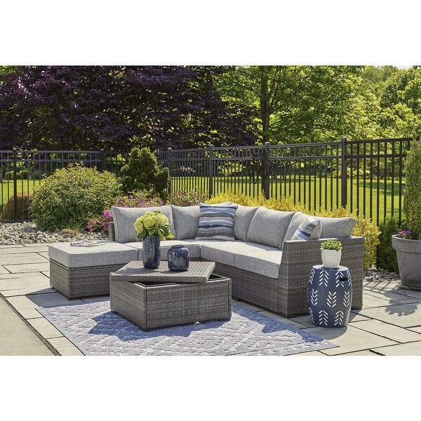 Signature Design by Ashley Petal Road Gray Outdoor Loveseat Sectional/Ottoman/Table Set (Set of 4)