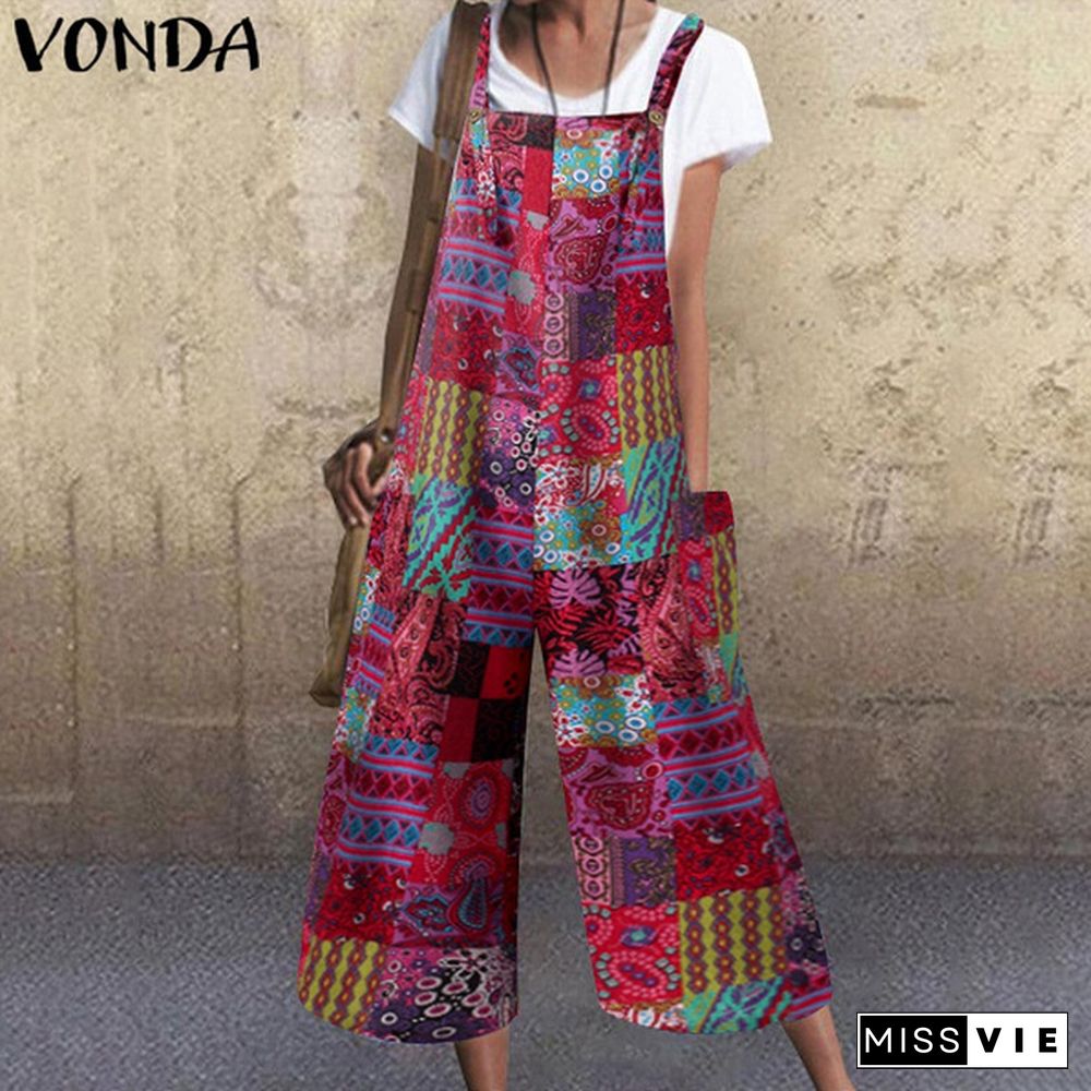 VONDA Women Sleeveless Floral Print Wide Leg Cotton Bib Pants Holiday Summer Party Jumpsuits Overalls Plus Size Dungarees Pants