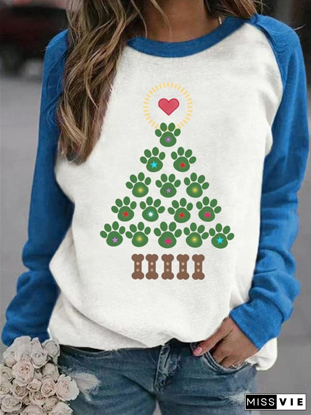 Dog Paw Christmas Tree Colorblock Sweatshirt