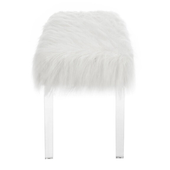 1pc White Glam Accent Bench with Faux Fur Seat Tra...