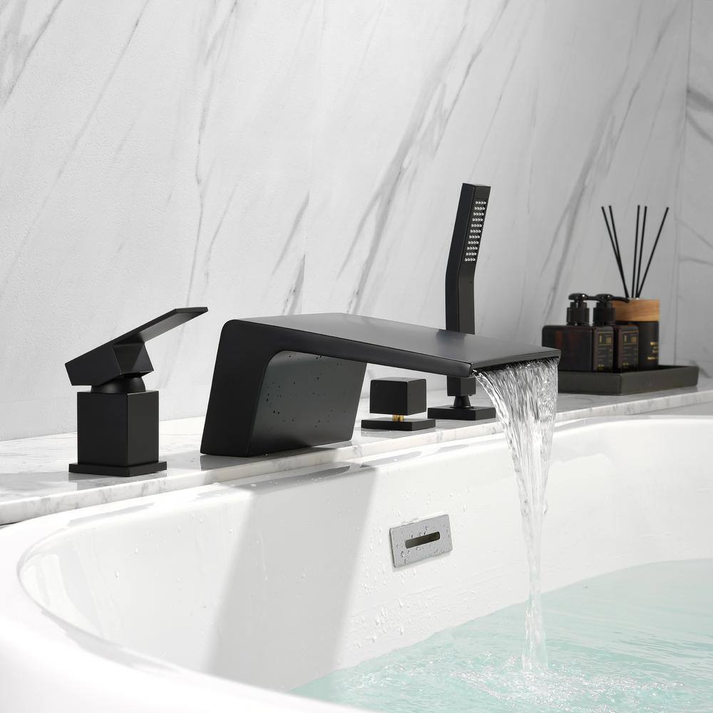 Boyel Living Single-Handle Tub Deck Mount Roman Tub Faucet with Hand Shower and Water Suply Hose in Matte Black SMD-1723B