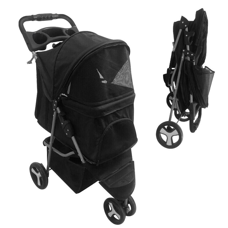 ZENSTYLE Foldable Pet Stroller 3 Wheels for Cats and Dogs Carrier Strolling Cart with Storage Basket