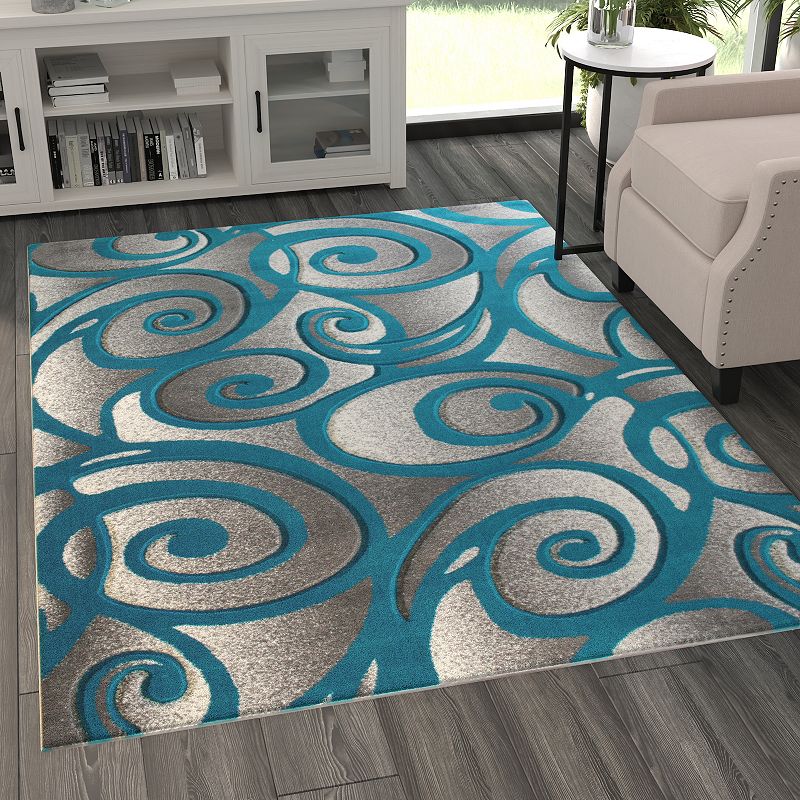 Masada Rugs Masada Rugs DaVincii Collection 5'x7' Turquoise， White and Gray Modern Woven Area Rug， Hand Carved Sculpting -Design D241