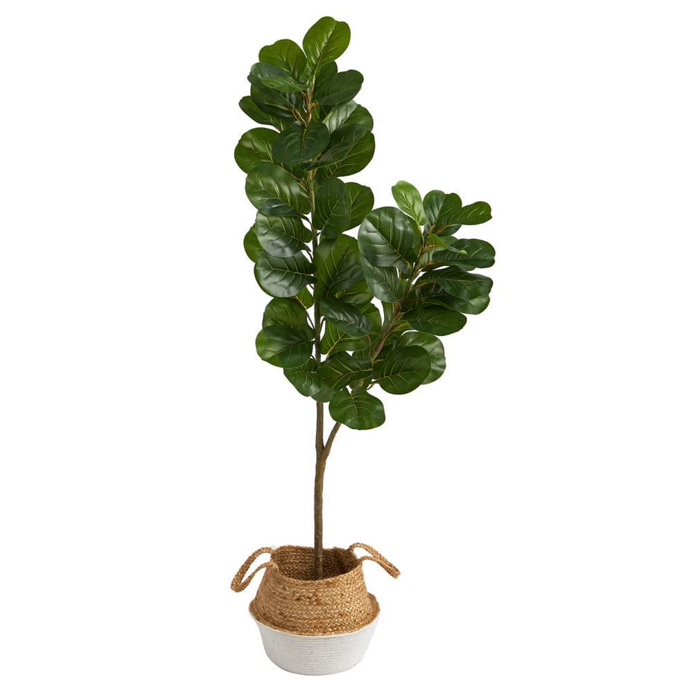 Nearly Natural 4.5 ft. Green Fiddle Leaf Fig Artificial Tree with Boho Chic Handmade Cotton and Jute White Woven Planter T2914