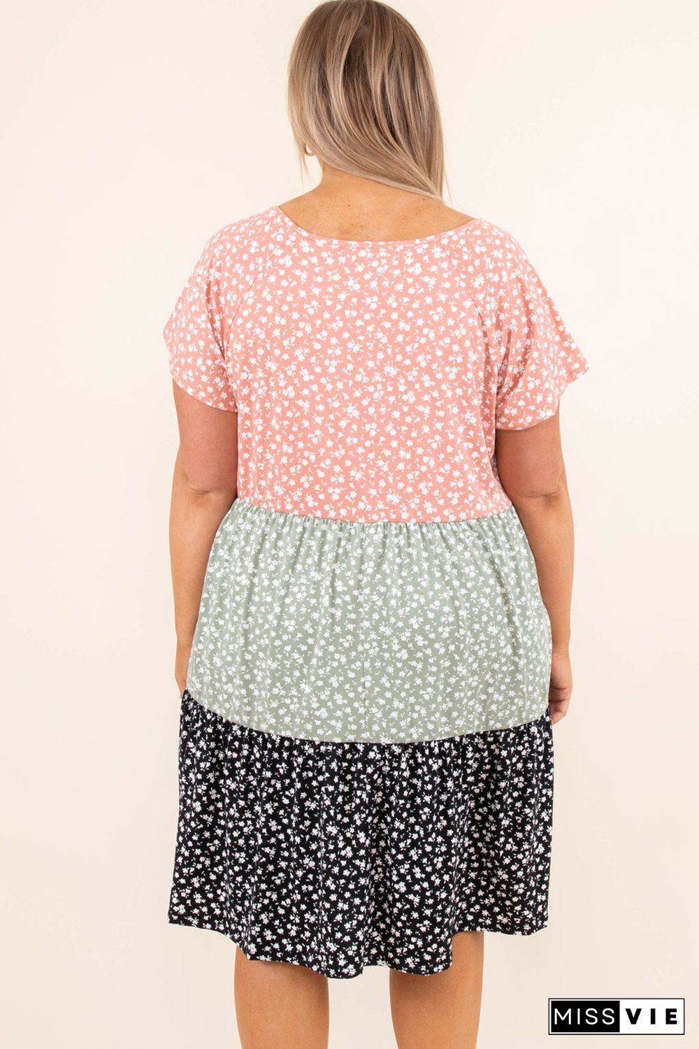 Floral Print Color Block V Neck Plus Size Shift Dress