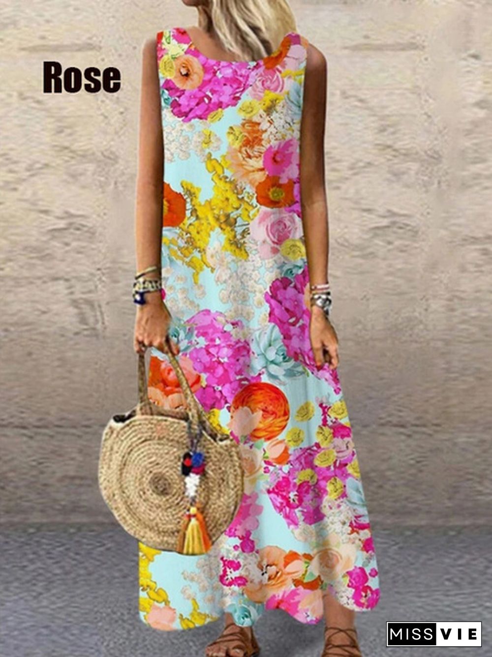 New Fashion Women's Elegant Sleeveless Flowers Print A-Line Dress Round Neck Casual Party Dresses Long Dress Plus Size