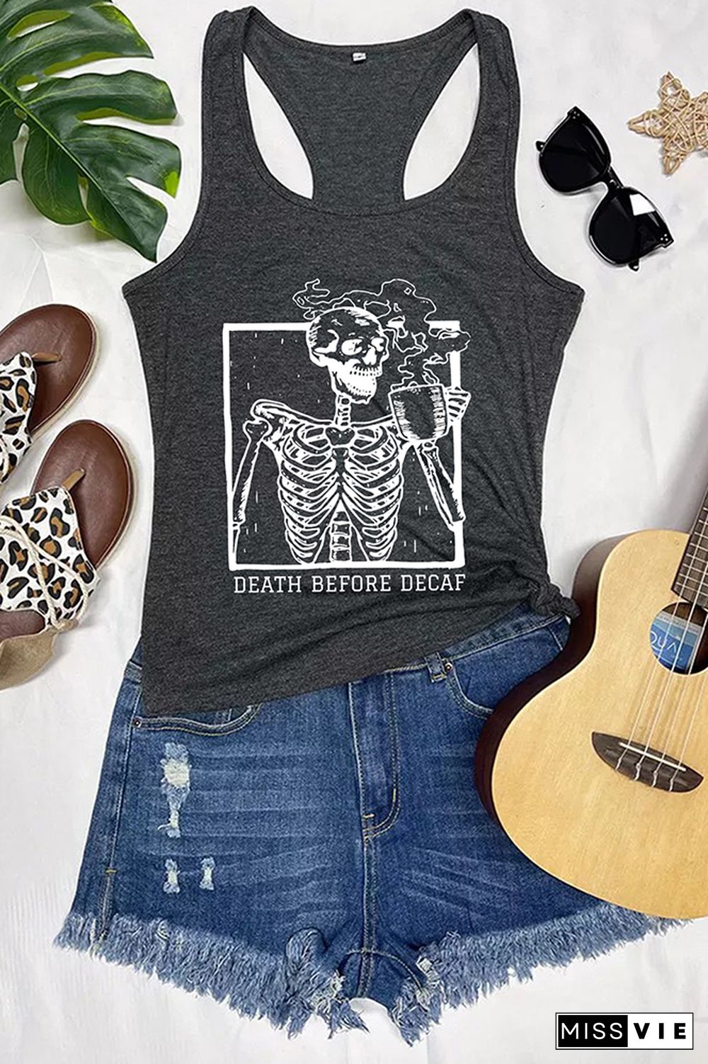 Skeleton Death Before Decaf Skeleton Drink Coffee Tank Top Wholesale