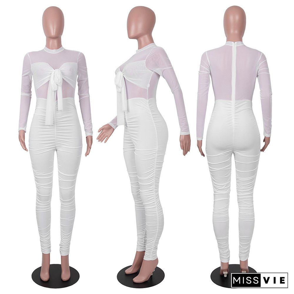 Solid Color Sexy Stitching Straps Long-sleeved Jumpsuit