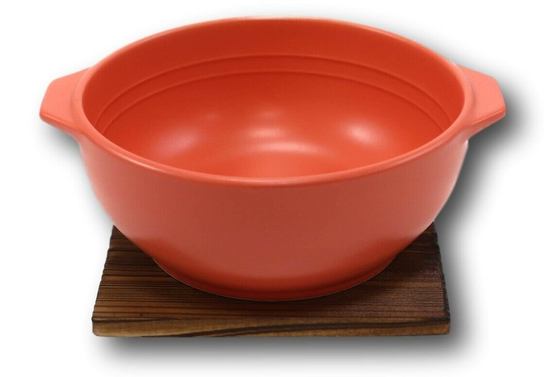 1 Japanese Red Donabe Ceramic Hot Clay Pot Bowl Casserole 32oz With Wooden Base EBR02