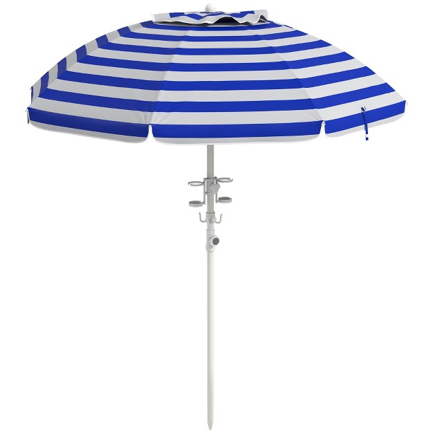 Outsunny 5 7 x27 Beach Umbrella With Cup Holders Hooks Vented Canopy Portable Outdoor Umbrella Blue Stripe