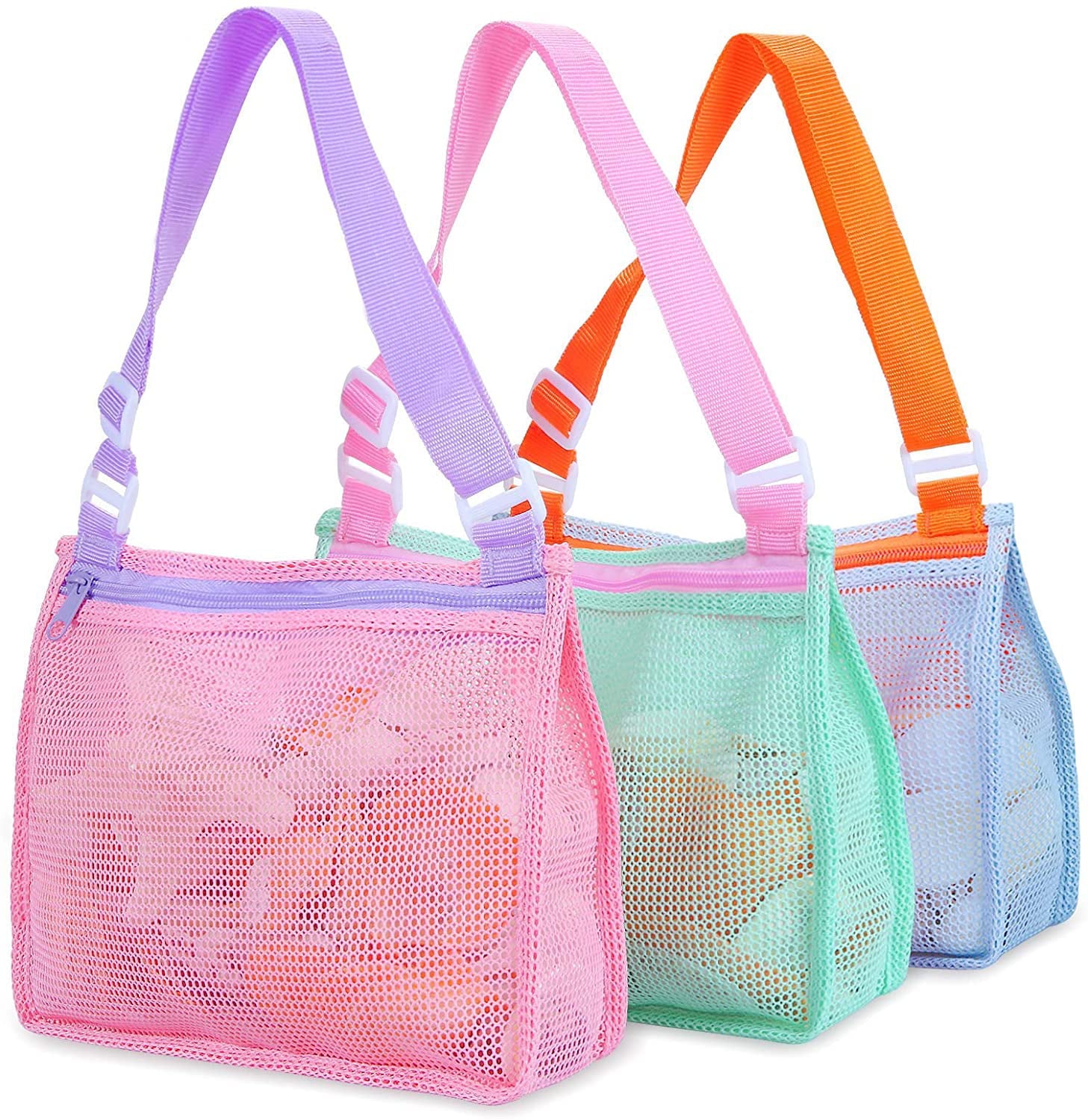 Beach Toy Mesh Beach Bag for Holding Shells Beach Toys Swimming Accessories，Boys and Girls Kids Toy Storage Bag(Only Bags,A Set of 3 )