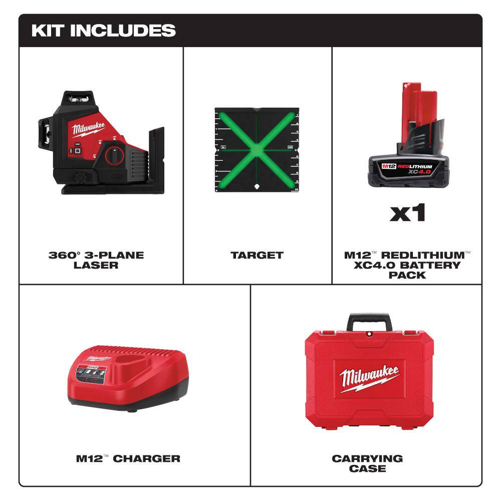 MW M12 Green 250 ft. 3-Plane Laser Level Kit with One 4.0 Ah Battery with 12 ft. Telescoping Laser Level Pole 3632-21-48-35-1511