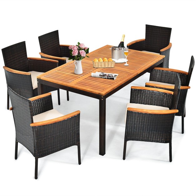 Tangkula 7 piece Outdoor Dining Set Patio Rattan Table And Chairs Set With Umbrella Hole