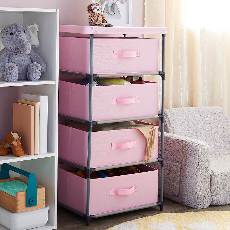 Pink 4 Drawer Dresser， Fabric Clothes Storage Stand For Bedroom， Nursery， Closet Organizer Unit