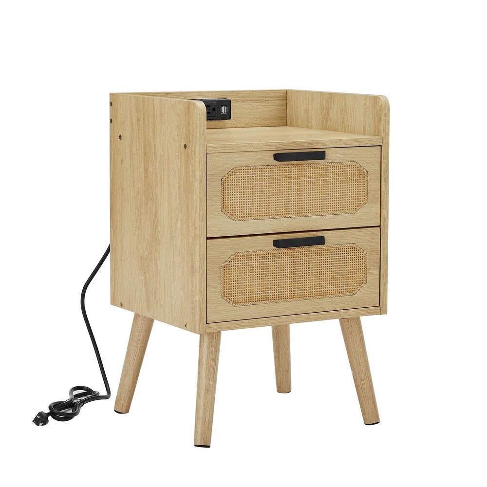 Natural Handmade Rattan Nightstand with Socket 2PC