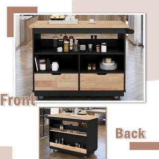 43 in. Black Kitchen Cart Rolling Mobile Kitchen Island Solid Wood Top for Kitchen Dining Room Bathroom LH-357