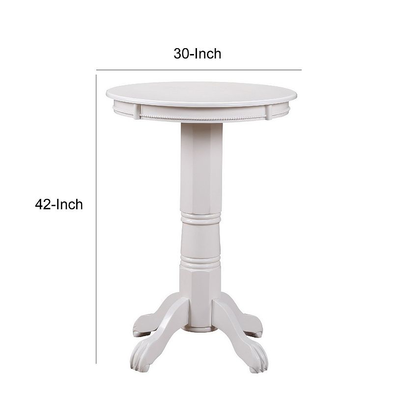 Ava 42 Inch Wood Pub Bar Table， Molded Trim， Carved Pedestal， White