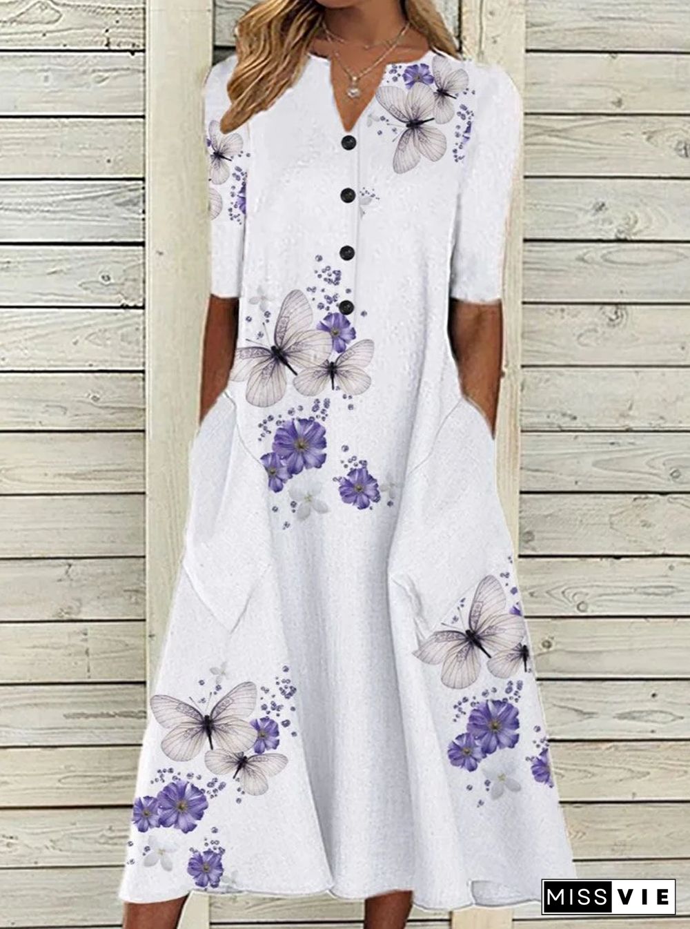 Butterfly Print Long Sleeve Casual Maxi Dress White Dresses