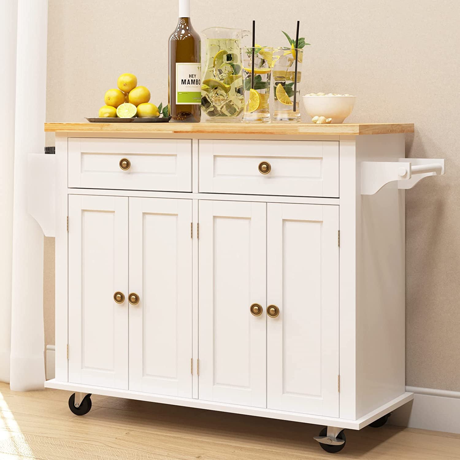 Soges Kitchen Island Trolley Cart Brown Wood Top Rolling Storage Cabinet White