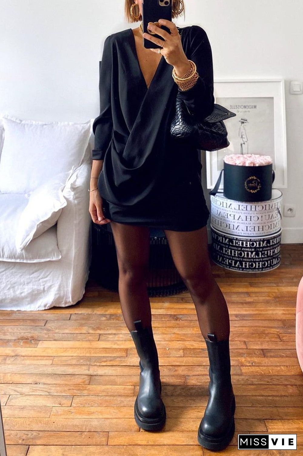 Fashion Sexy Solid Fold V Neck Long Sleeve Dresses