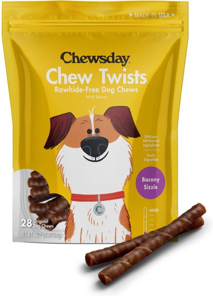 Chewsday Bacony Sizzle Chew Twists Rawhide-Free Dog Hard Chews， 28 count