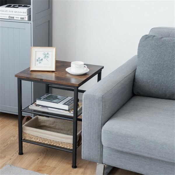 3 Tier Industrial End Table with Mesh Shelves and Adjustable Shelves