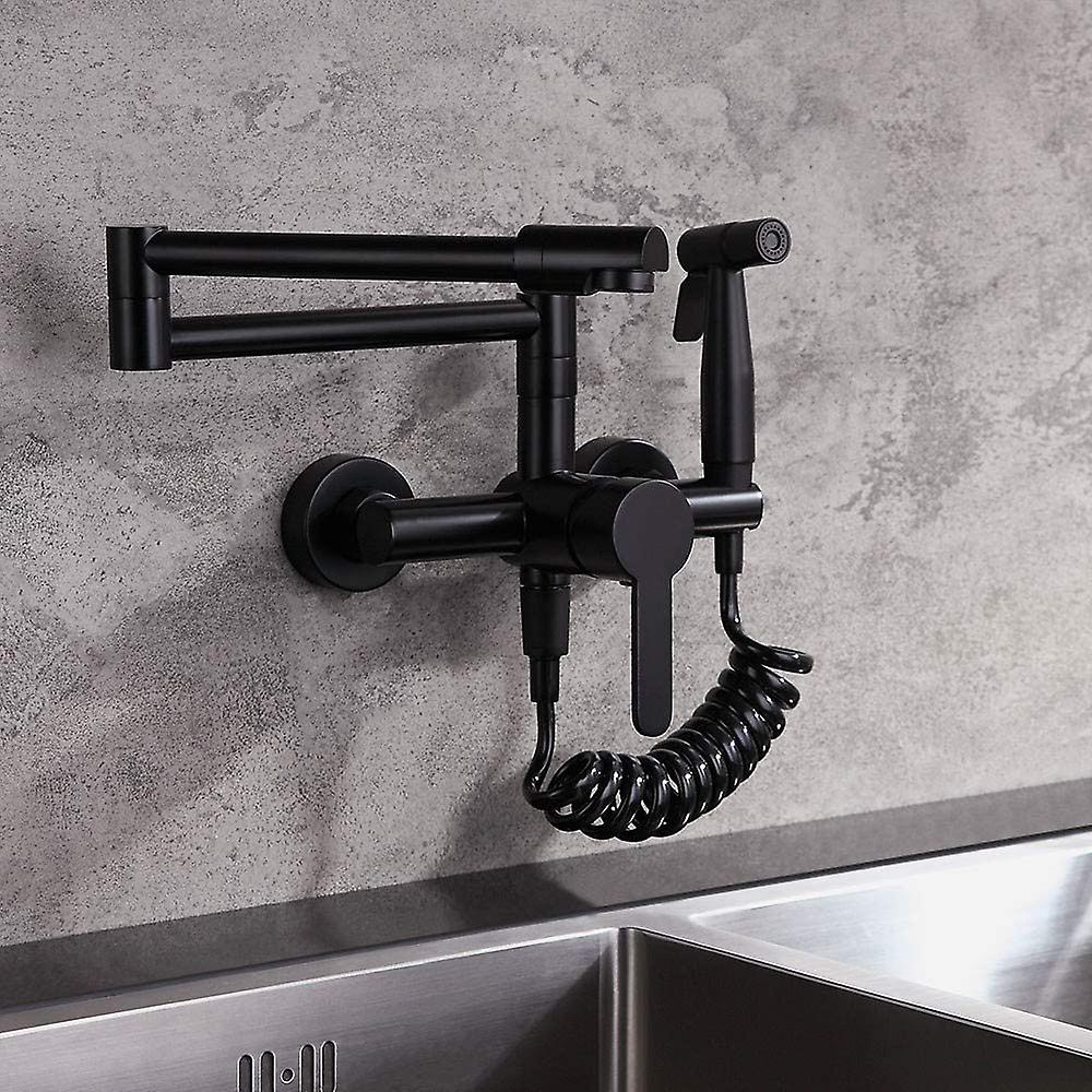 Basin Mixer Tap Black Kitchen Sink Faucet With Sprayer， Modern Single Handle Pull Down Wall Mounted Filler Faucet With Swivel Arm In Matte Black Solid