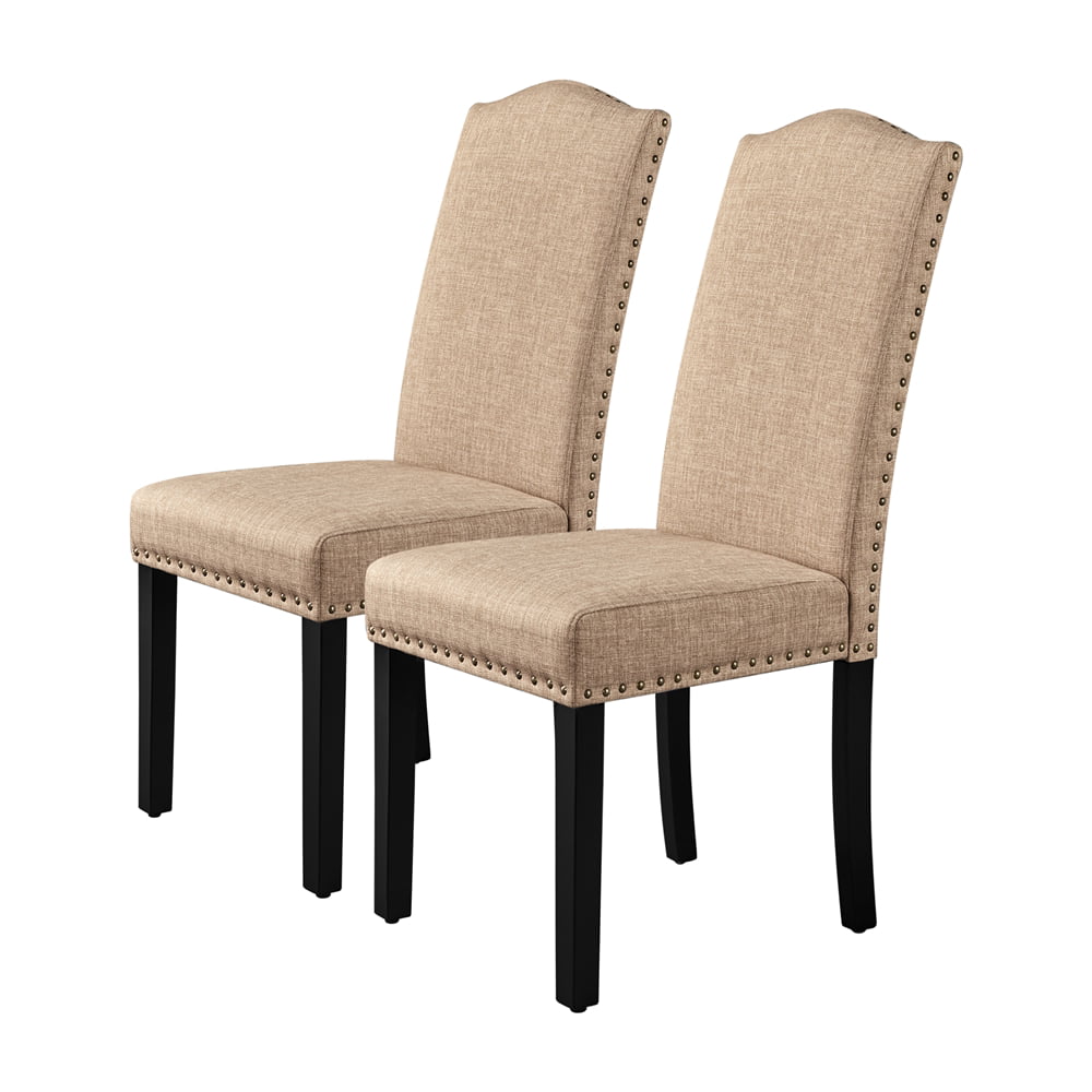 Alden Design Tufted High Back Dining Chair with Solid Wood Legs， Set of 2， Khaki