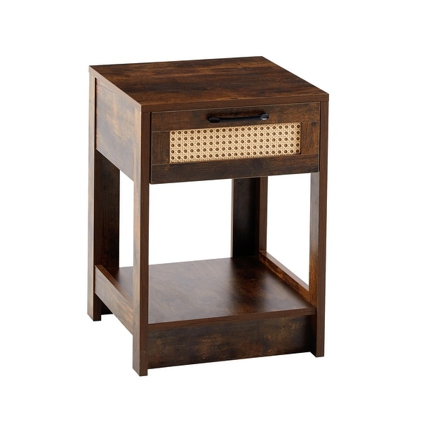 Modern Rattan End table/Side Table with 1 Drawer and 1 Open Shelf