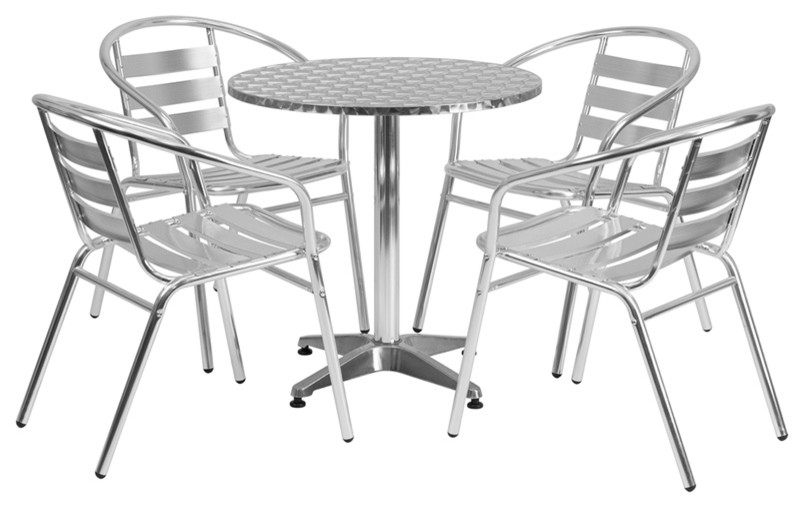 27.5 quotRound Aluminum Indoor Outdoor Table With 4 Slat Back Chairs   Contemporary   Outdoor Dining Sets   by Homesquare  Houzz