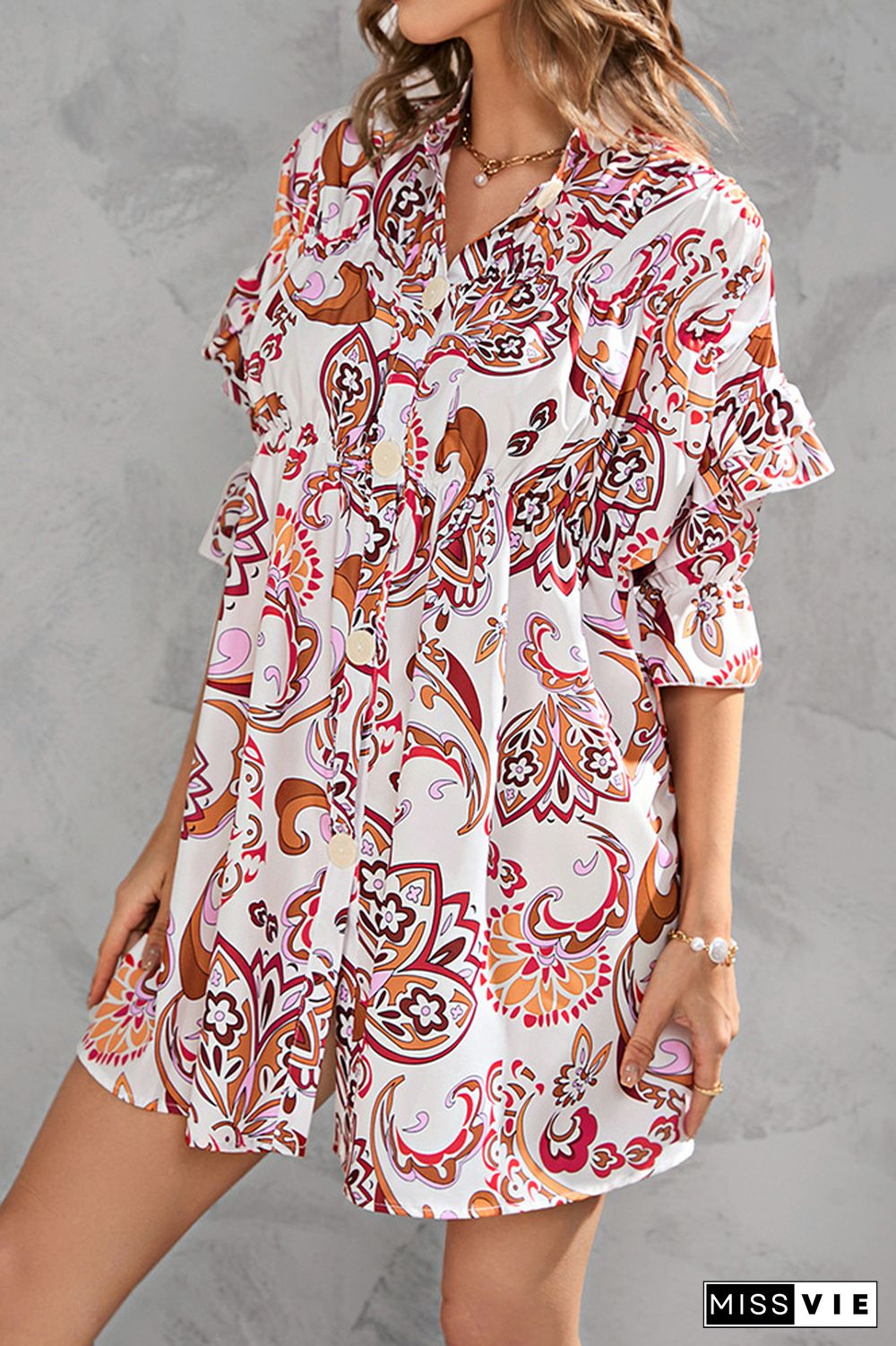 Half Sleeves Floral Button Up SHirt Dress