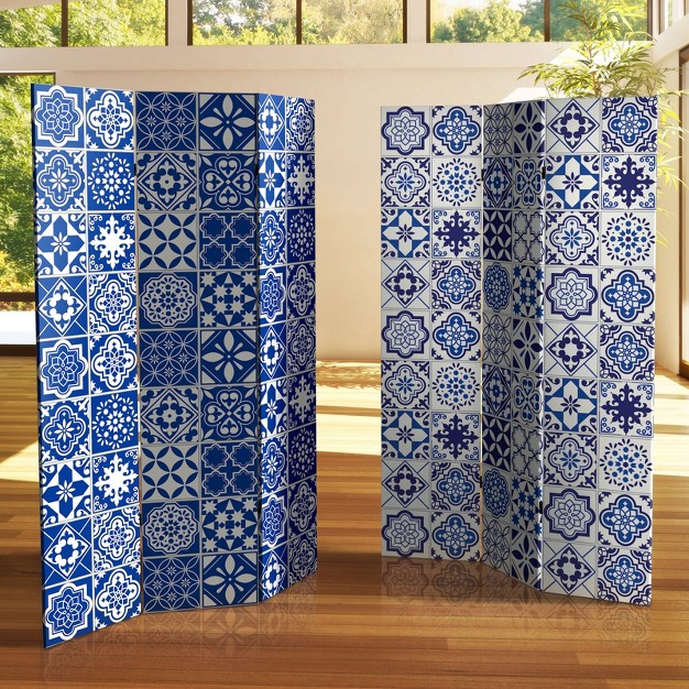 Double Sided Tile Canvas Room Divider Blue Oriental Furniture