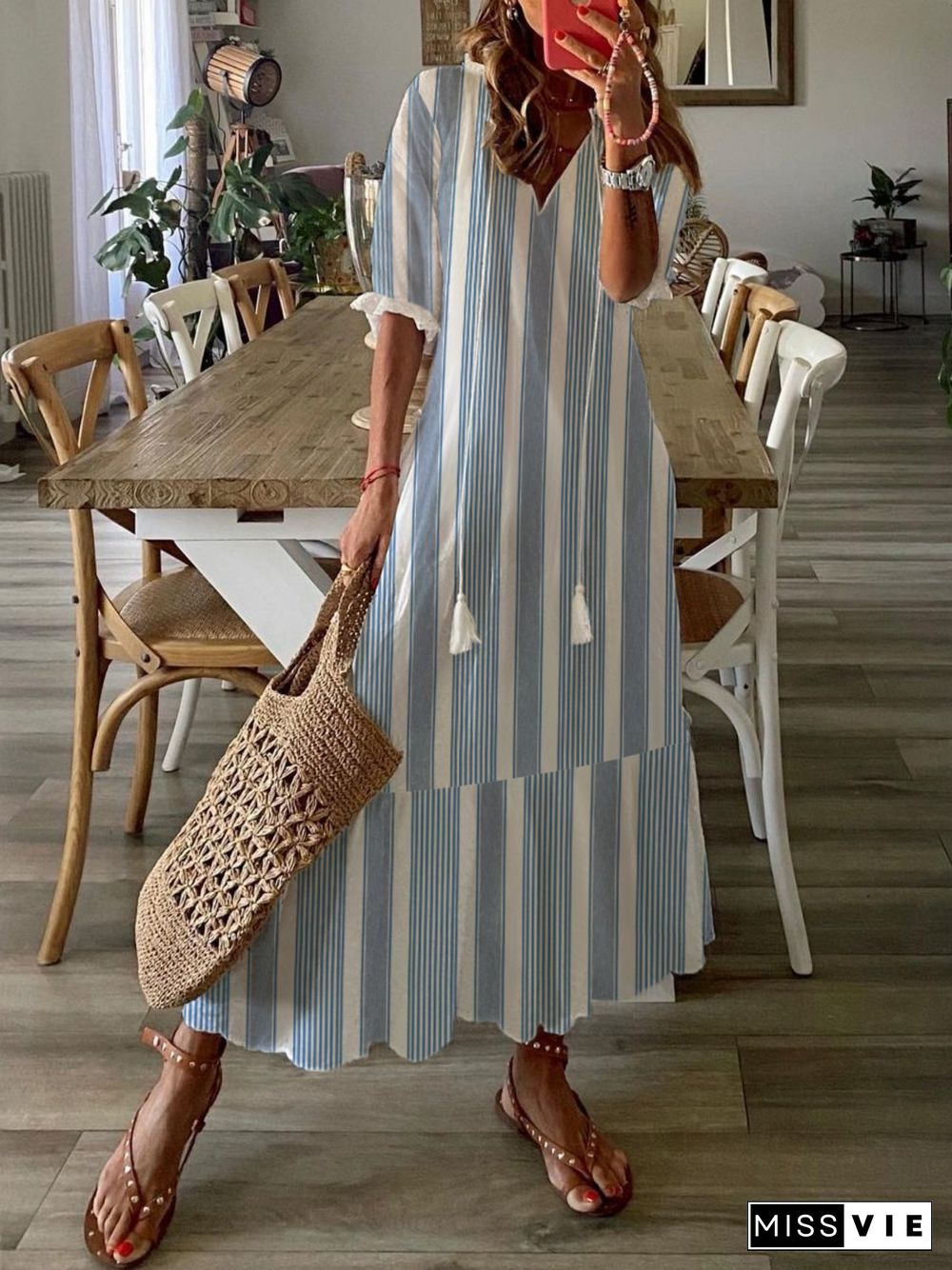 V Neck Striped Half Sleeve Plus Size Casual Dress