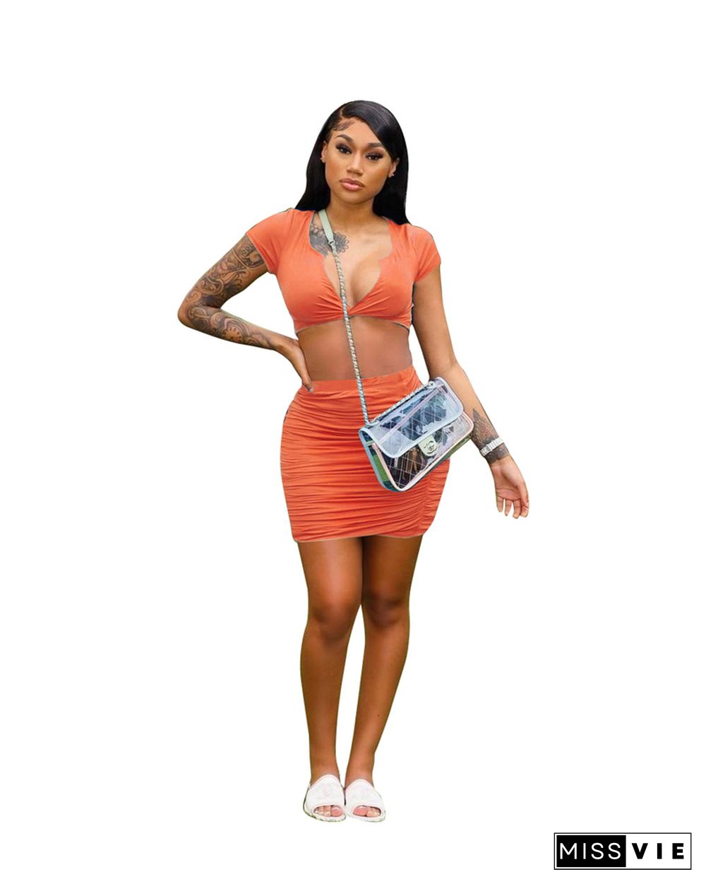 V-neck Short Sleeve Crop Top Bodycon Ruched Skirts Set