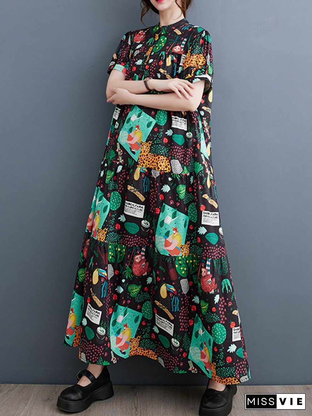 Loose Short Sleeves Buttoned Printed Split-Joint Stand Collar Midi Dresses