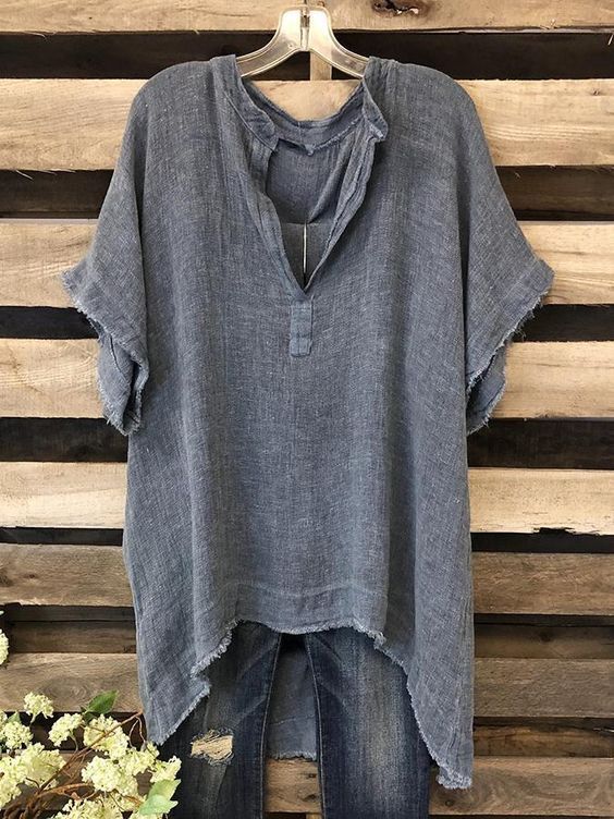 Casual Ladies Cotton Linen Short Sleeve Solid Color Top