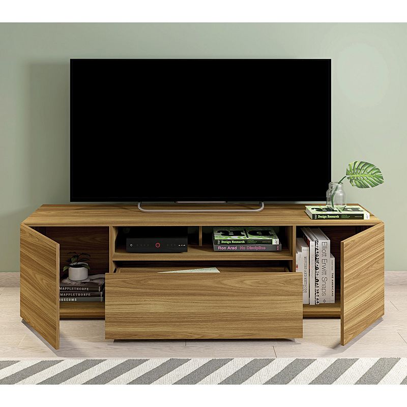 71 Inch Handcrafted Wood TV Media Entertainment Console， Wood Grain， 2 Cabinets， Single Shelf， Walnut Brown