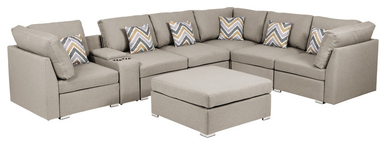 Amira Beige Fabric Reversible Sectional Sofa with USB Storage Console Cupholders   Contemporary   Sectional Sofas   by Morning Design Group  Inc  Houzz