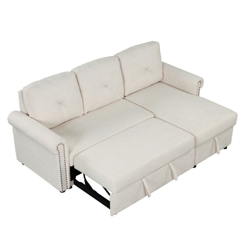 Beige Convertible Sleeper Sofa Bed with Storage Chaise Sleeper Bench