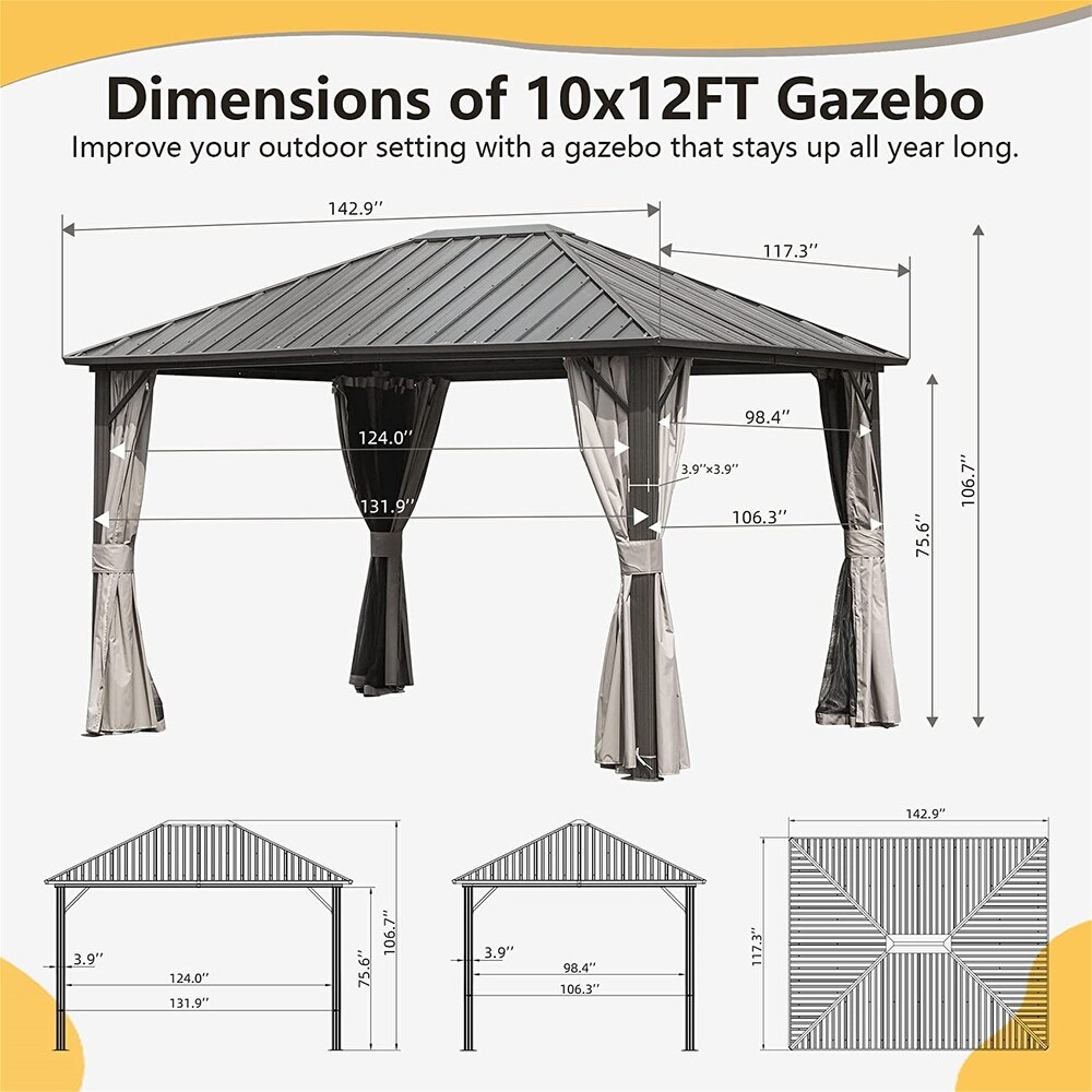 Outdoor Gazebo with Galvanized Steel Roof   Aluminum Frame  10ft x 12ft Pergola with Curtains   Netting for Backyard Dark Brown