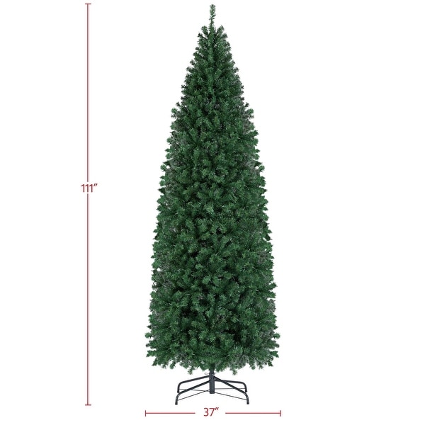 9ft Prelit Artificial Christmas Tree with 500 Warm Lights Hinged Spruce Pencil with Foldable Stand Holiday Decoration Slim Tree