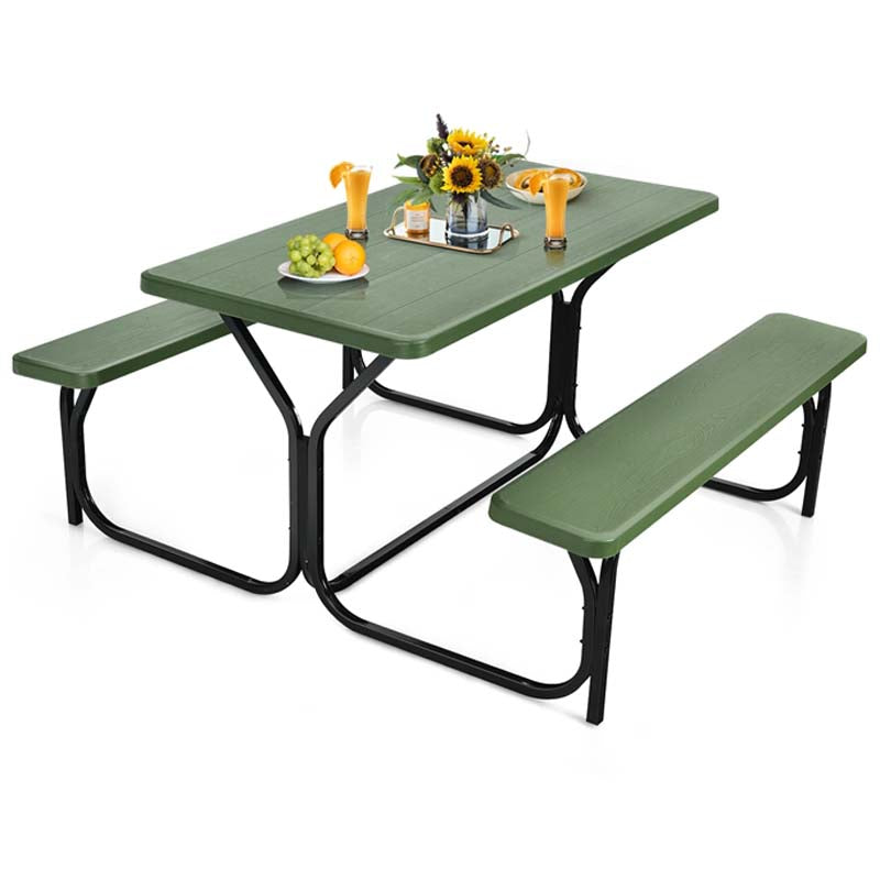 Outdoor Picnic Table Bench Set, All-Weather Dining Table Set, Metal Base Wood-Like Texture, Large Camping Table for Lawn Garden Backyard