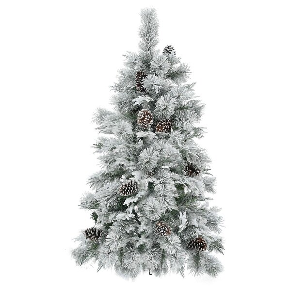 4/6/7.5FT PreLit Spruce Snow Flocked Christmas Tree，PE and PVC Artificial Lighted Xmas Tree with Cones，11 Flashing Modes