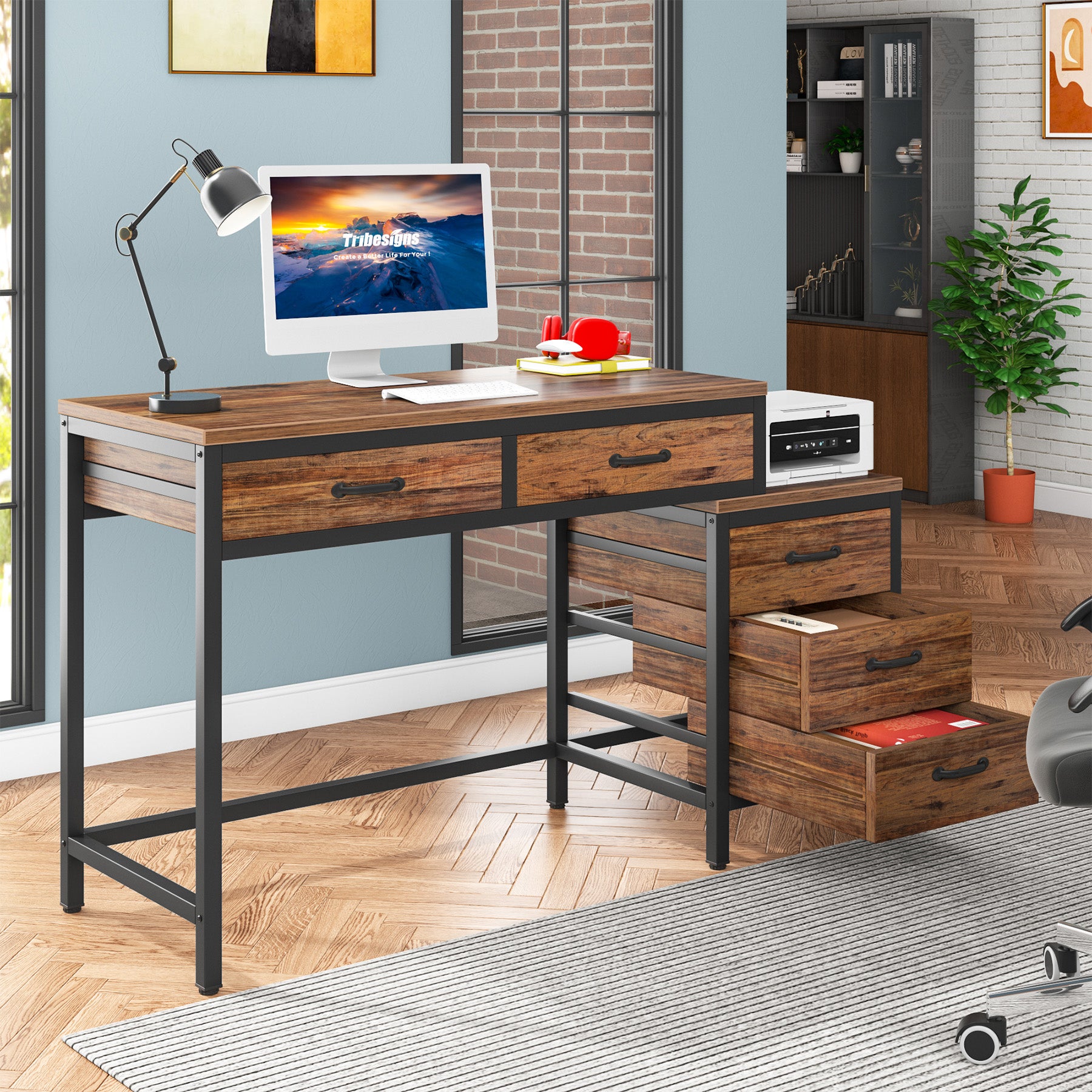 5-Drawer Computer Desk, Study Writing Table with Reversible Drawer Cabinet